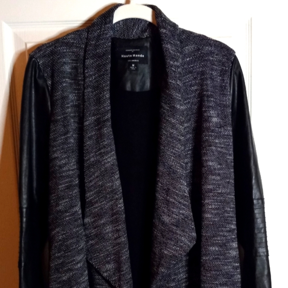 Haute Monde Women's Medium Black & White Tweed Sweater with Faux Leather Sleeves